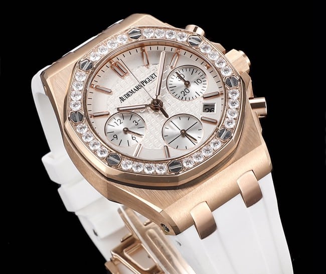 top-tier watch Audemars PiguetAudemars Piguet Royal Oak women's multifunctional chronograph white dial mechanical watch front view