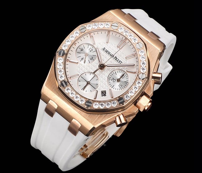 top-tier watch Audemars PiguetAudemars Piguet Royal Oak women's multifunctional chronograph white dial mechanical watch front view