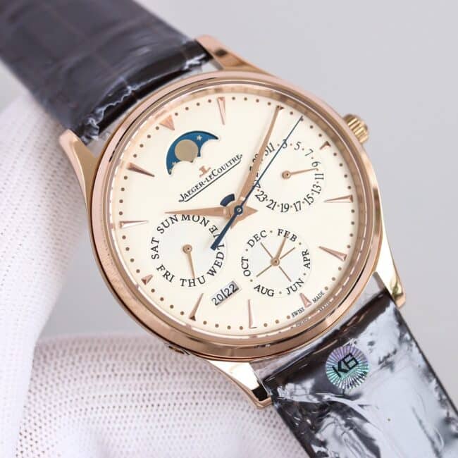 TW factory top-tier watch Jaeger-LeCoultre master moon phaserose goldwhite dial perpetual calendar automatic movement men's watch front view