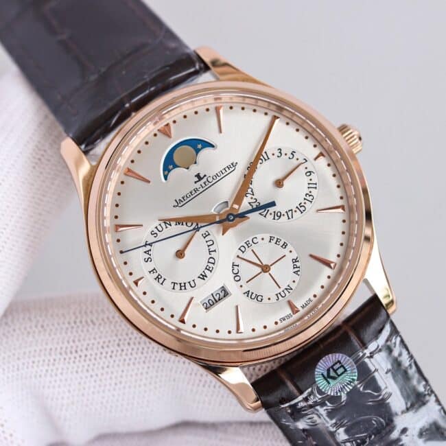 TW factory top-tier watch Jaeger-LeCoultre master moon phaserose goldwhite dial perpetual calendar automatic movement men's watch front view