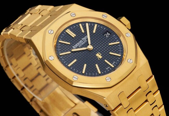 top-tier watch Audemars PiguetRoyal Oak15202 two-hand mechanical movement gold plate blue bottom men's watch front view