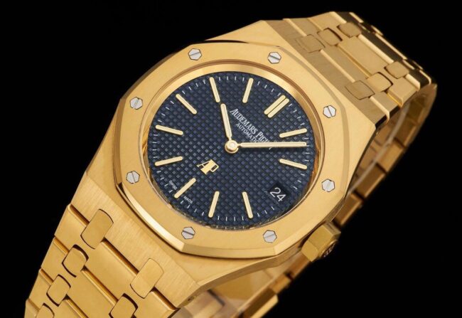 top-tier watch Audemars PiguetRoyal Oak15202 two-hand mechanical movement gold plate blue bottom men's watch front view