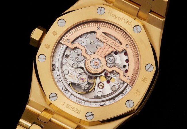 top-tier watch Audemars PiguetRoyal Oak15202 two-hand mechanical movement gold plate blue bottom men's watch movement picture