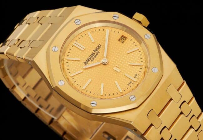 top-tier watch Audemars Piguet super two-hand mechanical movement Royal Oak15202 gold plate yellow bottom men's watch front view