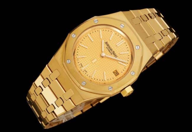 top-tier watch Audemars Piguet super two-hand mechanical movement Royal Oak15202 gold plate yellow bottom men's watch front view