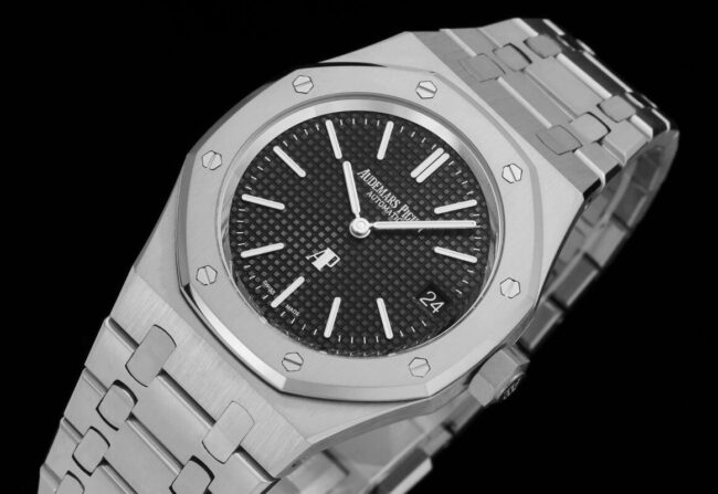 top-tier watch Audemars PiguetRoyal Oak super two-hand mechanical movement15202 white steel black bottom men's watch front view