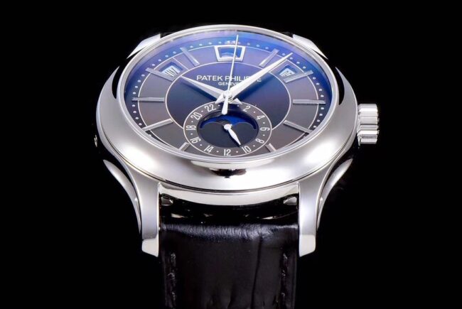 GR Top collectible watches Patek Philippe 5205G-013 Complications Series Top Version White Steel Black Back Men's Watch Front View
