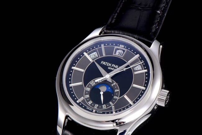 GR Top collectible watches Patek Philippe 5205G-013 Complications Series Top Version White Steel Black Back Men's Watch Front View