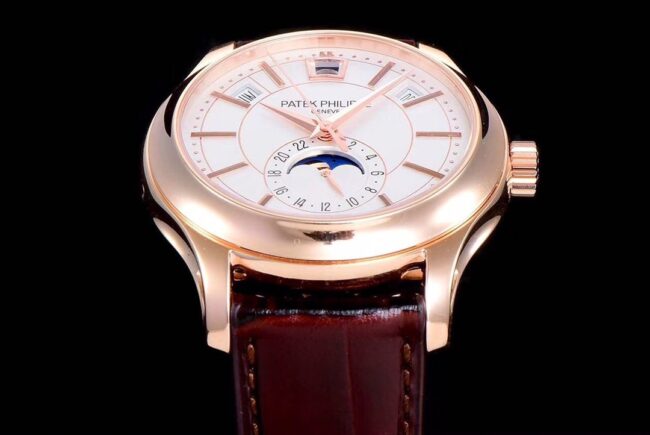 GR factory top-tier watch Patek Philippe top-tier complex function series version 5205G-013 rose gold plate white background men's mechanical watch front view