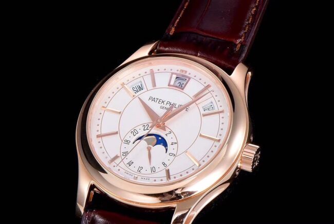 GR factory top-tier watch Patek Philippe top-tier complex function series version 5205G-013 rose gold plate white background men's mechanical watch front view