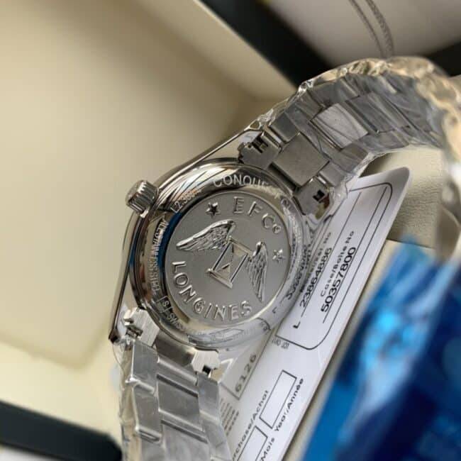 Longines Compaq series white steel blue background diamond ladies quartz watch 8 mm ultra-thin design side view