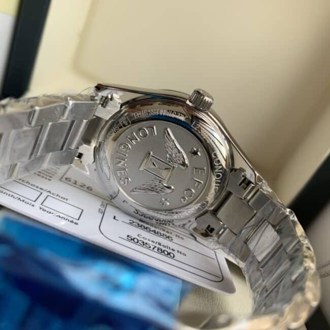 Longines Compaq series white steel blue background diamond ladies quartz watch 8 mm ultra-thin design side view