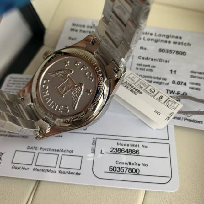 Longines Compaq series white steel blue background diamond ladies quartz watch 8mm ultra-thin design movement picture