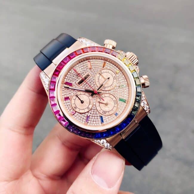 top-tier watch Rolex new Daytona rainbow di rubber full diamond 18K gold mechanical men's watch front view