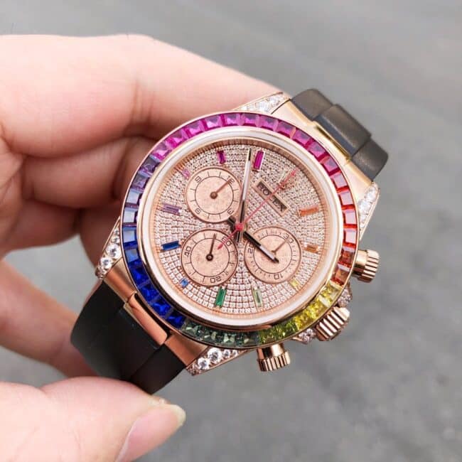 top-tier watch Rolex new Daytona rainbow di rubber full diamond 18K gold mechanical men's watch front view