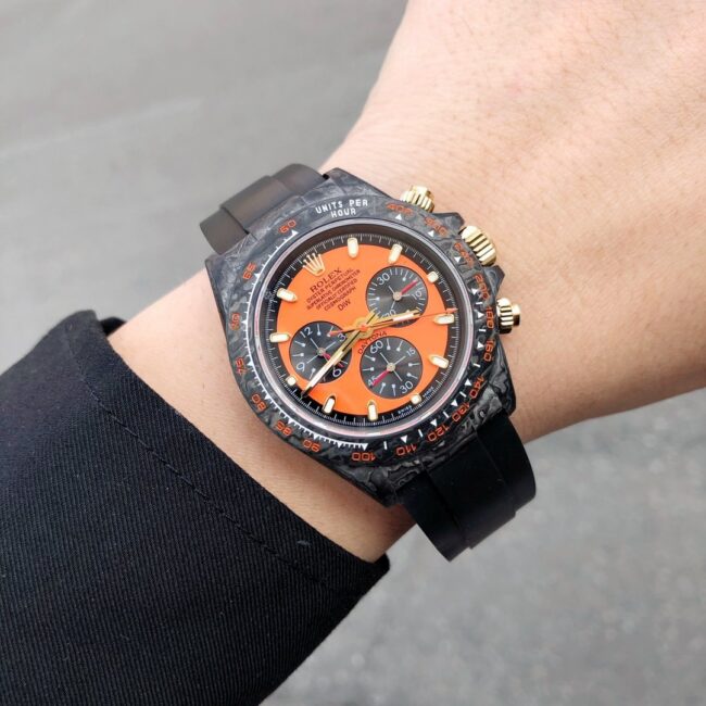 TW factory top-tier watch Rolex universe chronograph Daytona series carbon fiber customized version black dial orange bottom men's watch front view
