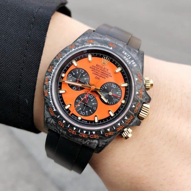TW factory top-tier watch Rolex universe chronograph Daytona series carbon fiber customized version black dial orange bottom men's watch front view