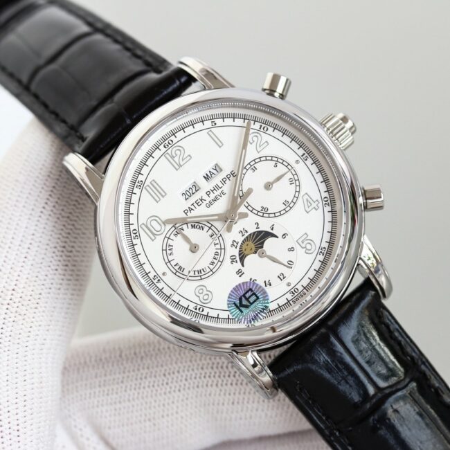 top-tier watch Patek Philippe super complex function chronograph series white steel white bottom men's mechanical watch front view