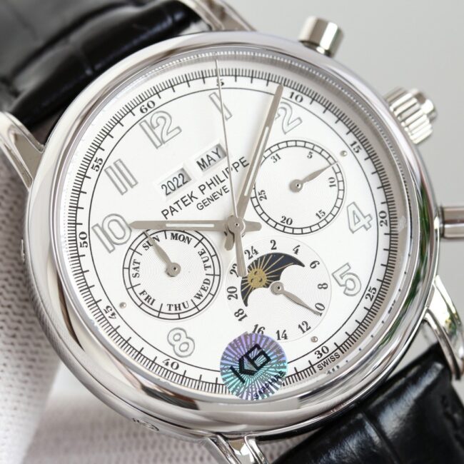 top-tier watch Patek Philippe super complex function chronograph series white steel white bottom men's mechanical watch front view