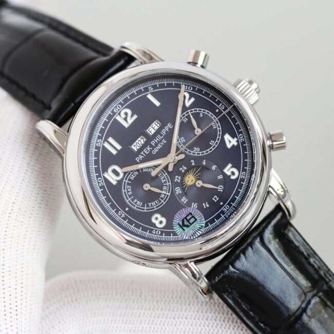 top-tier watch Patek Philippe super complex function chronograph series white steel white bottom men's mechanical watch front view