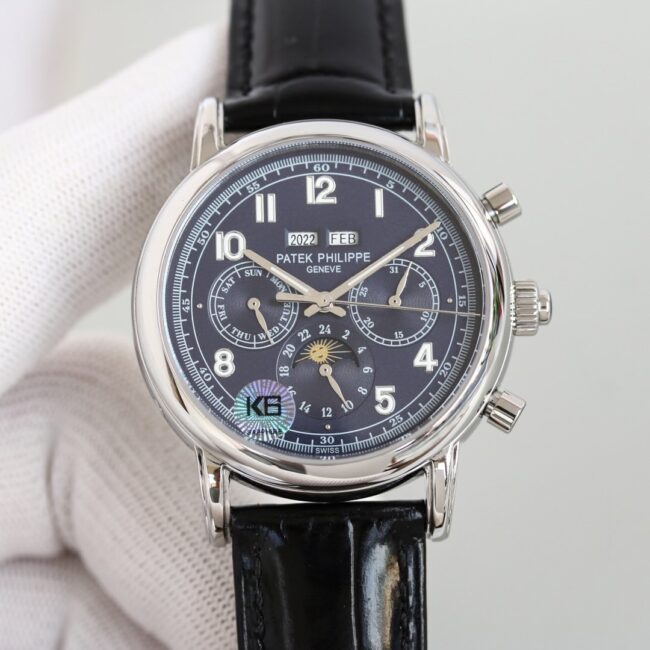 top-tier watch Patek Philippe super complex function chronograph series white steel white bottom men's mechanical watch front view