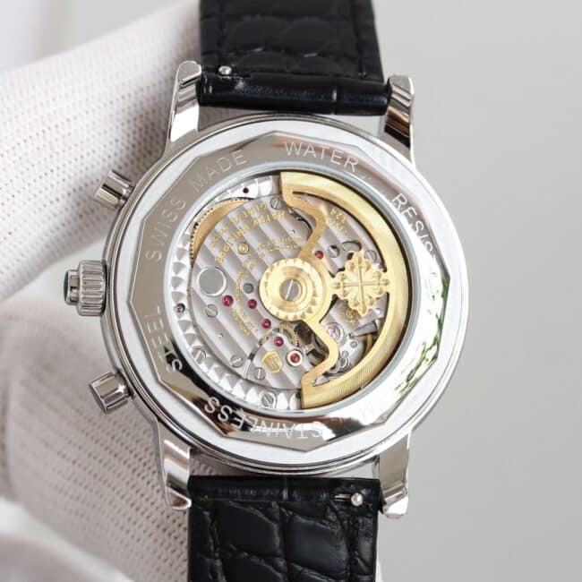 top-tier watch Patek Philippe super complex function chronograph series white steel white background men's mechanical watch movement picture