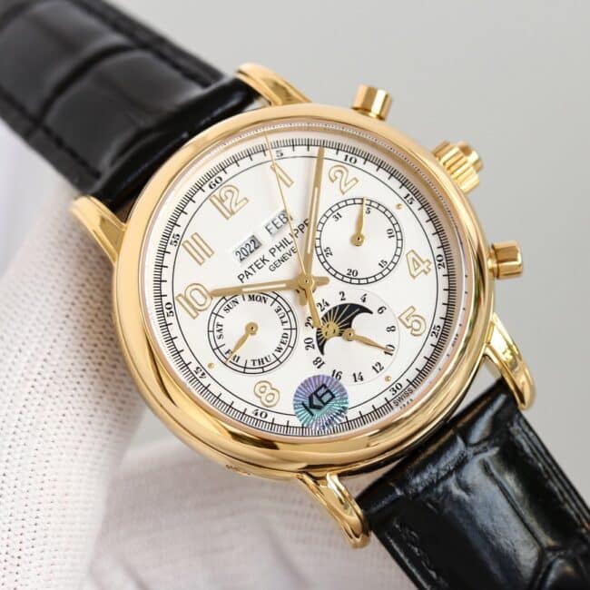 top-tier watch Patek Philippe super complex function chronograph series 18K gold white bottom men's mechanical watch front view