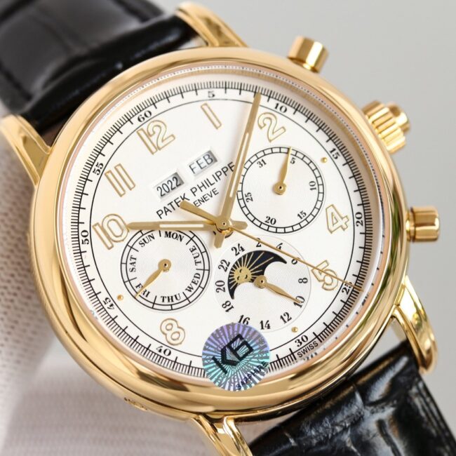 top-tier watch Patek Philippe super complex function chronograph series 18K gold white bottom men's mechanical watch front view
