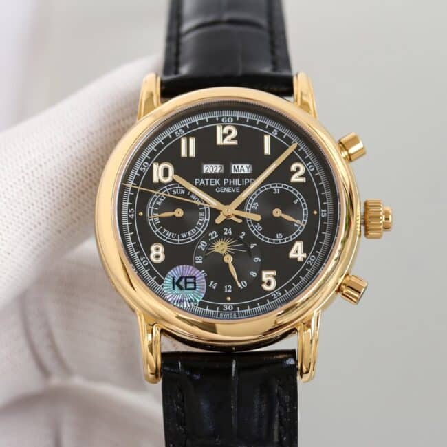 top-tier watch Patek Philippe super complex function chronograph series 18K gold white bottom men's mechanical watch front view