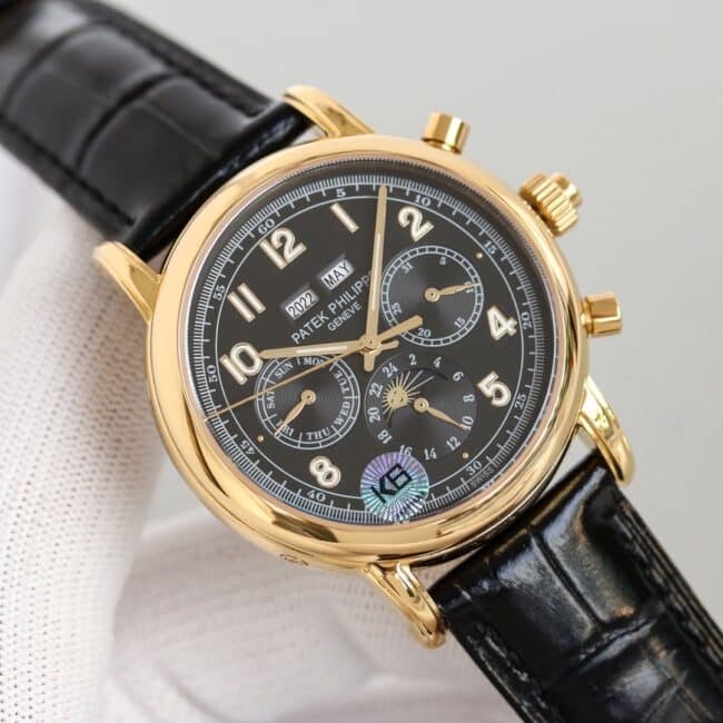top-tier watch Patek Philippe super complex function chronograph series 18K gold white bottom men's mechanical watch front view