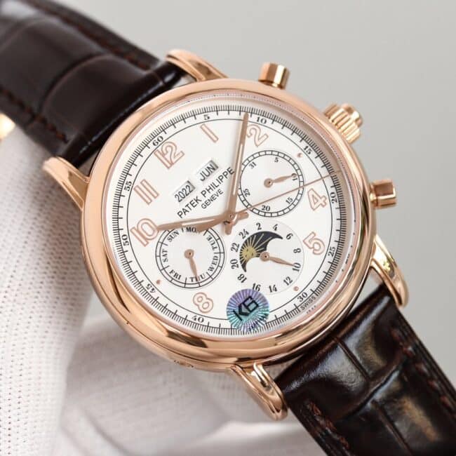 top-tier watch Patek Philippe rose gold white background complex function chronograph series men's mechanical watch front view