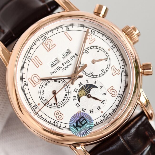 top-tier watch Patek Philippe rose gold white background complex function chronograph series men's mechanical watch front view