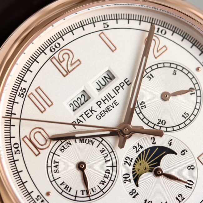 top-tier watch Patek Philippe rose gold white background complex function chronograph series men's mechanical watch detail shots