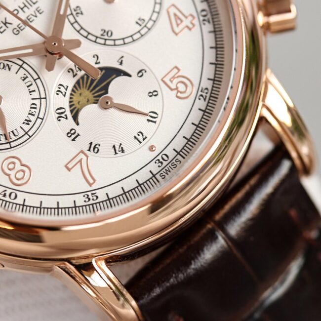 top-tier watch Patek Philippe rose gold white background complex function chronograph series men's mechanical watch detail shots