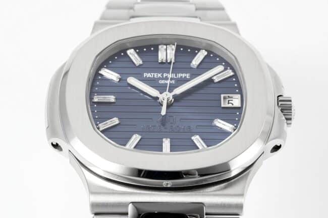 top-tier watch Patek Philippe Nautilus 40th anniversary white steel blue bottom men's mechanical watch front view