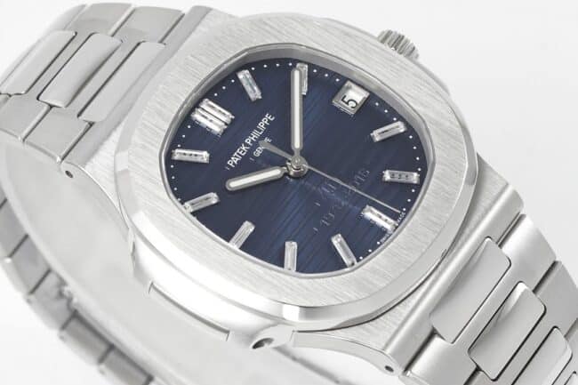 top-tier watch Patek Philippe Nautilus 40th anniversary white steel blue bottom men's mechanical watch front view