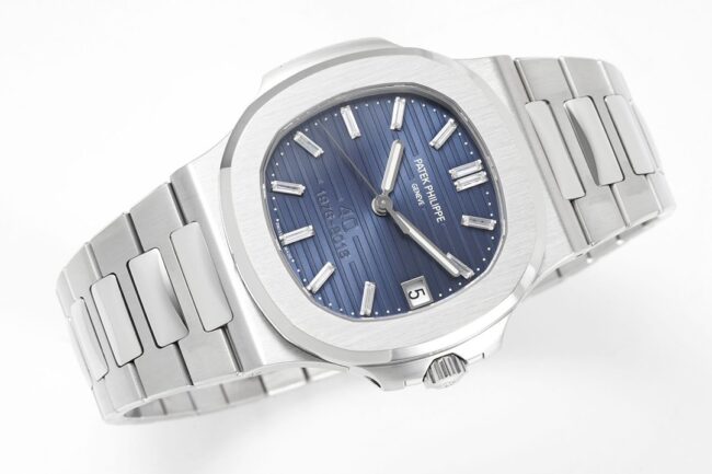 top-tier watch Patek Philippe Nautilus 40th anniversary white steel blue bottom men's mechanical watch front view
