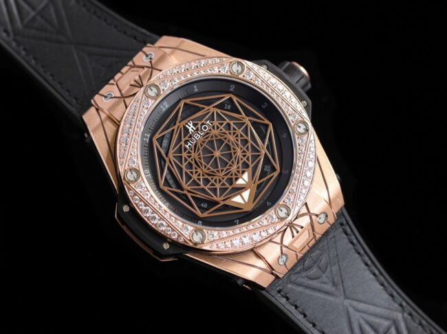 WWF factory top-tier watch Aerospace BigBang series rose gold circle diamond black bottom men's tattoo watch front view