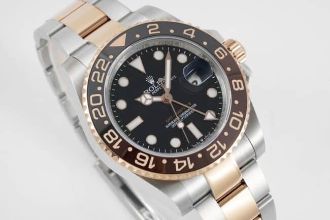 GS factory top-tier watch RolexGMT-Master Sarsaparilla ring the most beautiful rose gold black bottom men's mechanical watch front view