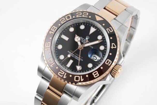 GS factory top-tier watch RolexGMT-Master Sarsaparilla ring the most beautiful rose gold black bottom men's mechanical watch front view