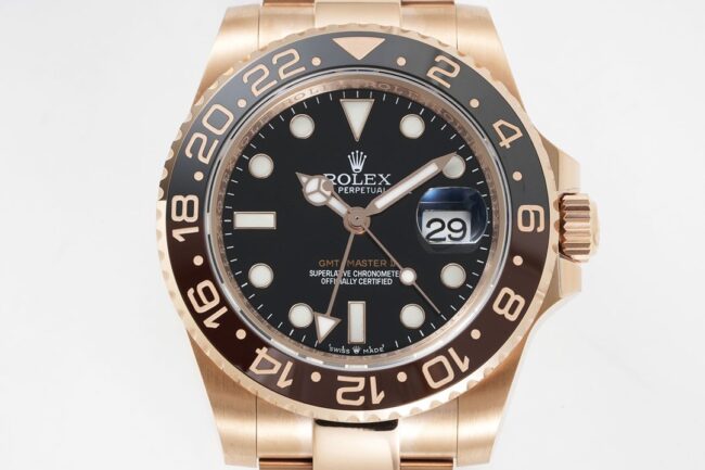 GS factory top-tier watch Rolexrose gold black bottom men's mechanical watch GMT-Master Sarsaparilla ring front view
