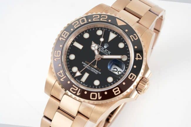 GS factory top-tier watch Rolexrose gold black bottom men's mechanical watch GMT-Master Sarsaparilla ring front view
