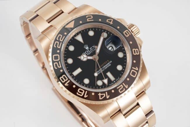 GS factory top-tier watch Rolexrose gold black bottom men's mechanical watch GMT-Master Sarsaparilla ring front view