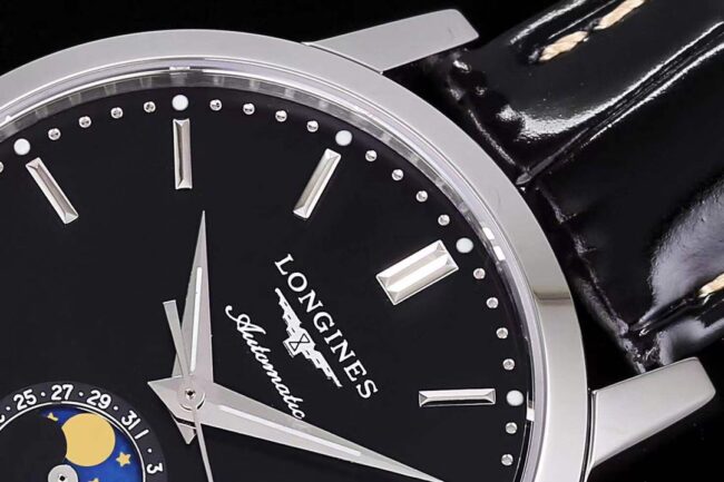 top-tier watch Longines classic retro series 1832 model white steel black bottom mechanical men's watch detail shots