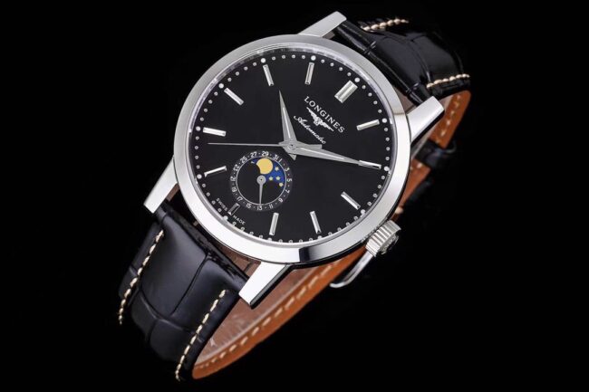 top-tier watch Longines classic retro series 1832 model white steel black bottom mechanical men's watch front view