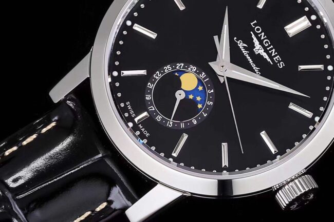 top-tier watch Longines classic retro series 1832 model white steel black bottom mechanical men's watch detail shots