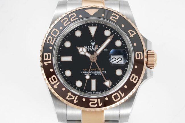 GS factory top-tier watch RolexGMT-Master root beer ring rose gold black bottom men's watch front view