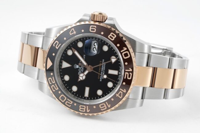GS factory top-tier watch RolexGMT-Master root beer ring rose gold black bottom men's watch front view