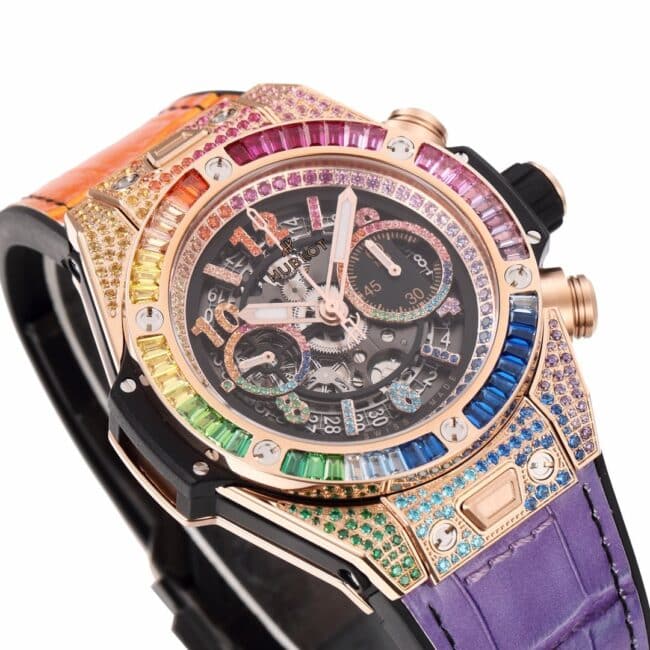 top-tier watch Hublot watch BIG BANG Unico big bang series rainbow full diamond men's watch front view
