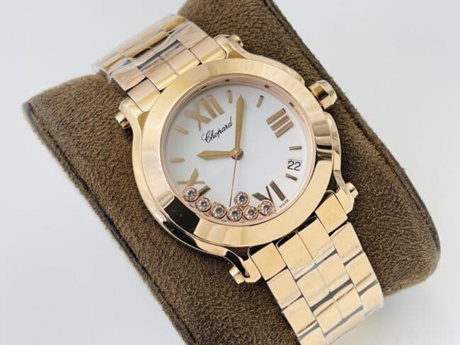 YF factory top-tier watch ChopardHAPPY DIAMONDS series 18K gold white dial ladies watch front view